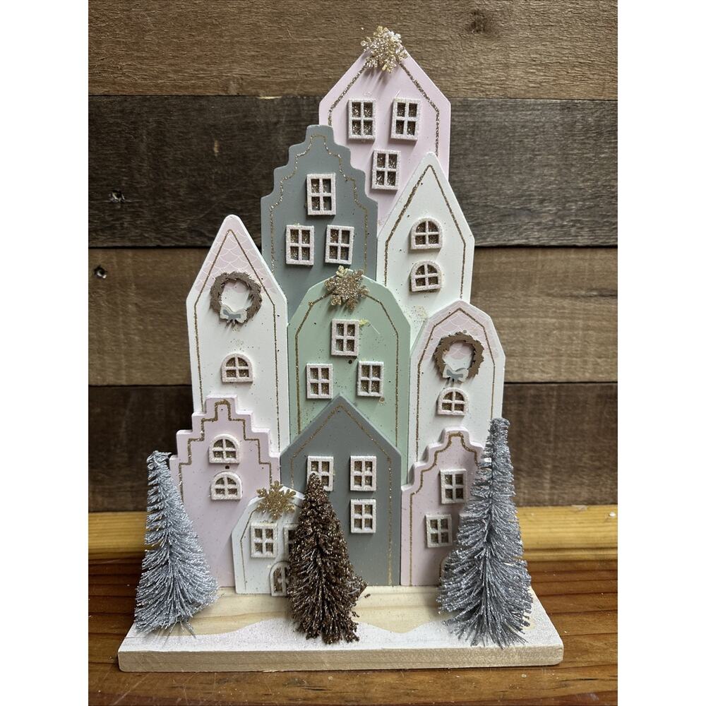 Pastel Christmas House Wooden Scene 12x8.5x3